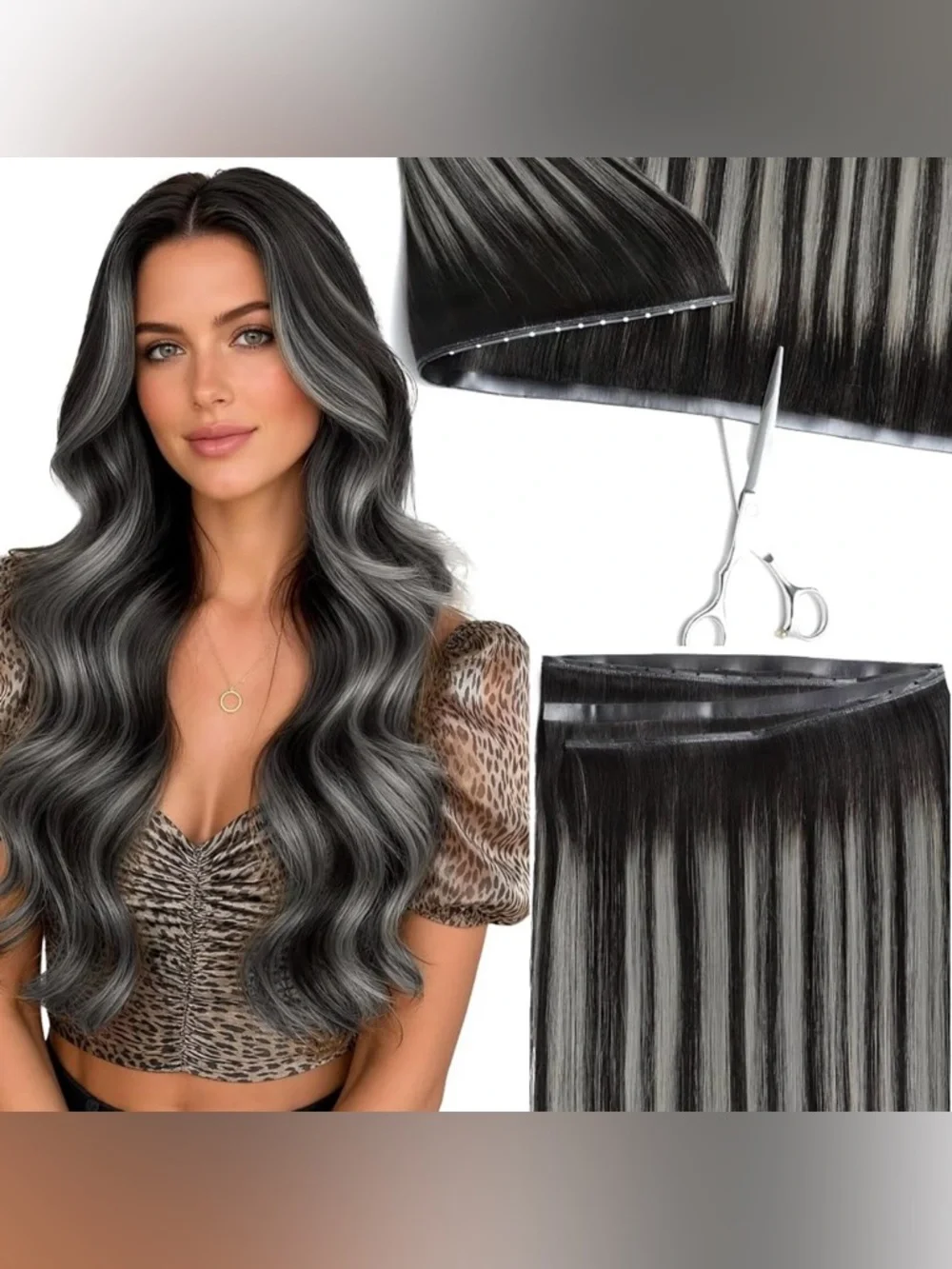 Natural Black Silver Highlight Human Hair 20” Butterfly Weft Hair Extensions